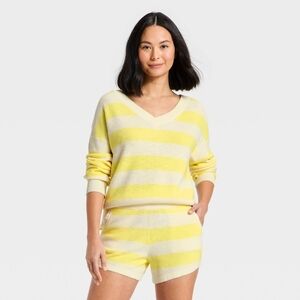 Women's Striped V-Neck Sweater Top - JoyLab Yellow/Cream Stripe